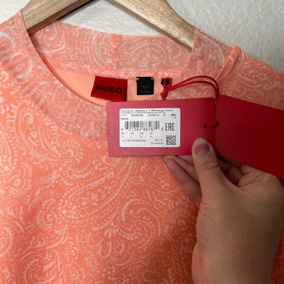 Hugo Boss Womens Nasusi Long Sleeve Orange Stretch Mesh Paisley Midi Dress Large - Picture 3 of 13